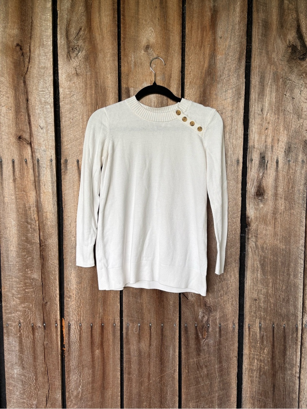 LOFT Petite Sweater Women SP Ivory Cream Button Shoulder Cotton Blend Pullover - Picture 2 of 7